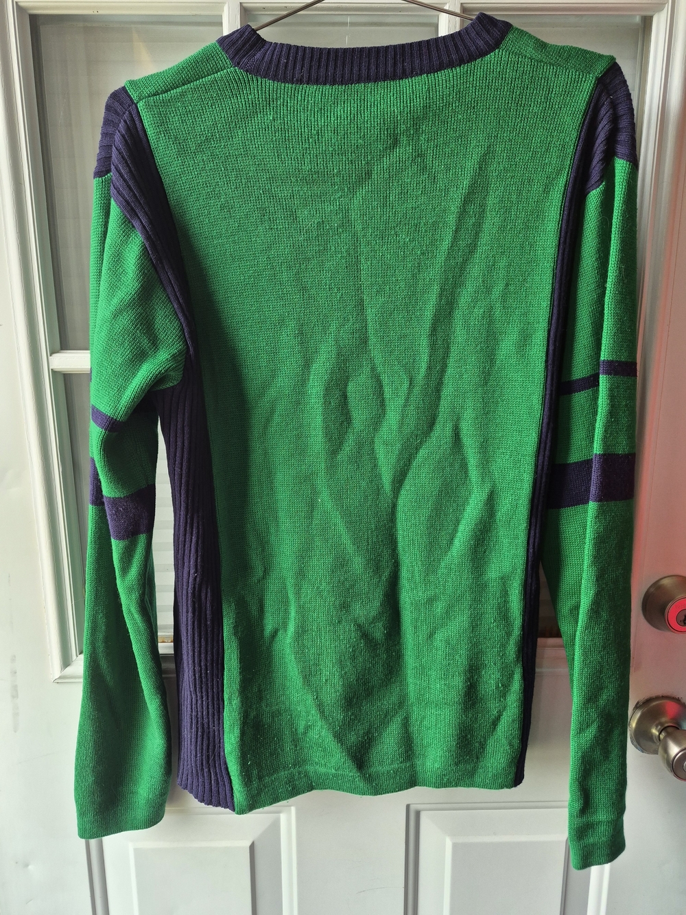 Vintage Snowflakes 100% Wool Green & Navy Rib-Panel Sweater - Picture 2 of 4